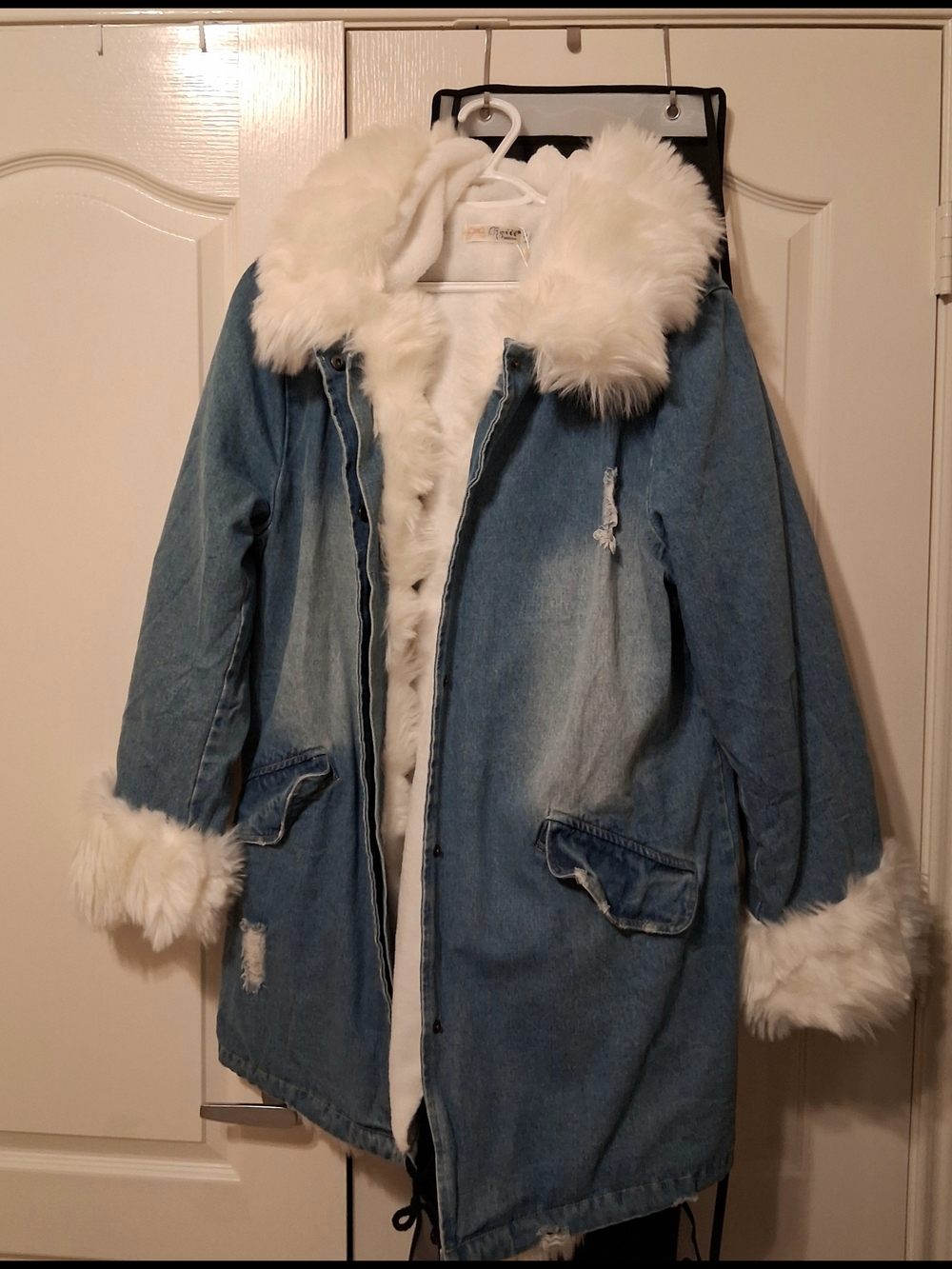 Faux Fur Lined Denim Coat in Light Blue with White Fur